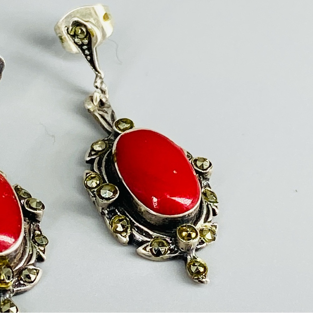 Vintage Sterling Silver Coral Red Cabochon & Marcasite Stones Earrings 1980s - Picture 10 of 16